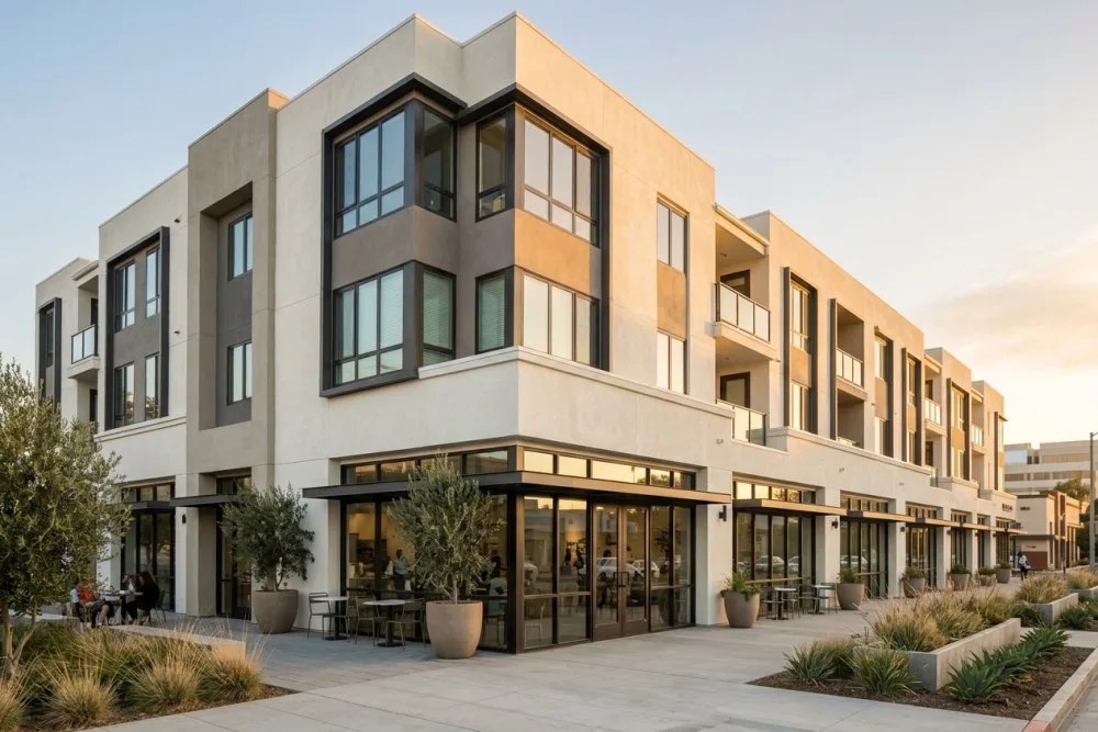 Modern mixed-use development in Anaheim showing successful commercial-to-residential conversion