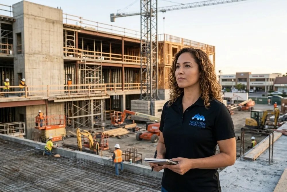 Construction crew working on commercial-to-residential conversion project in Costa Mesa
