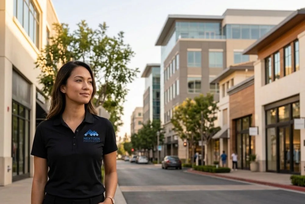 Orange County commercial corridor with mixed-use buildings showing conversion potential