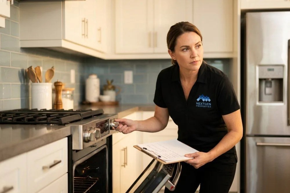 Property manager inspecting stove and refrigerator in Orange County apartment unit