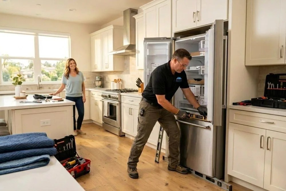 Technician installing new refrigerator in Orange County rental apartment