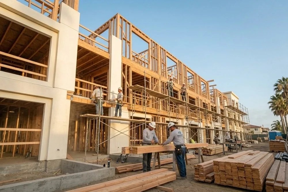 Ground-up multifamily construction wood framing against blue sky Orange County California