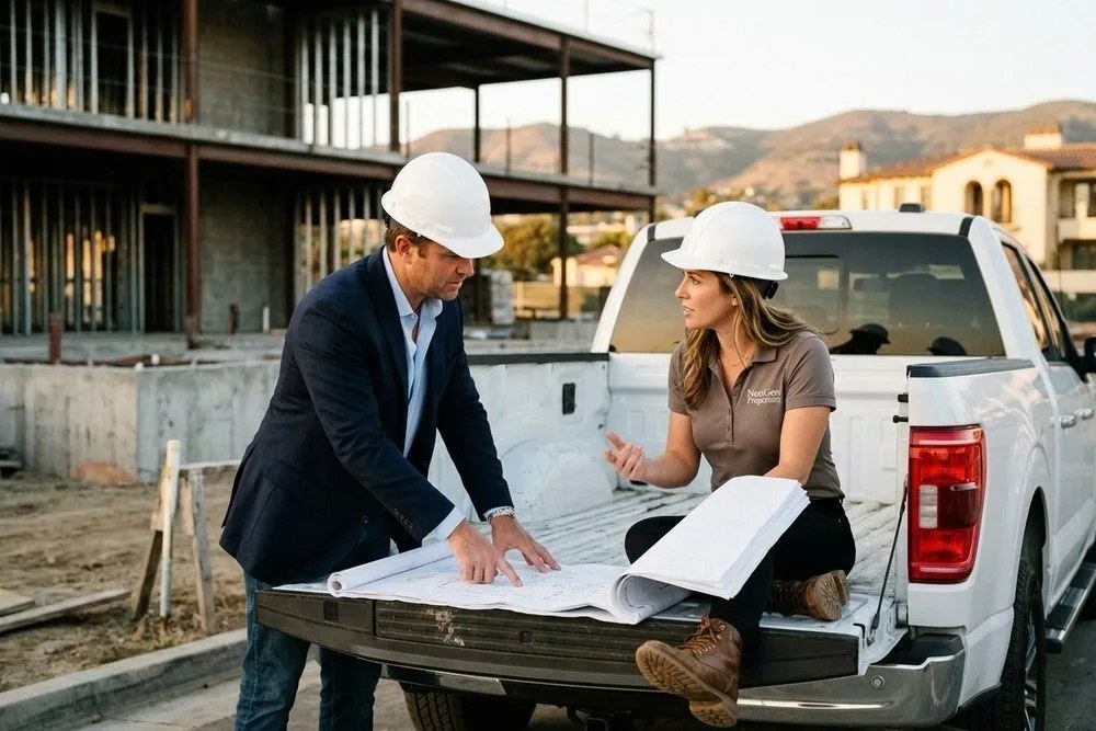 Real estate developer reviewing blueprints on Orange County construction site