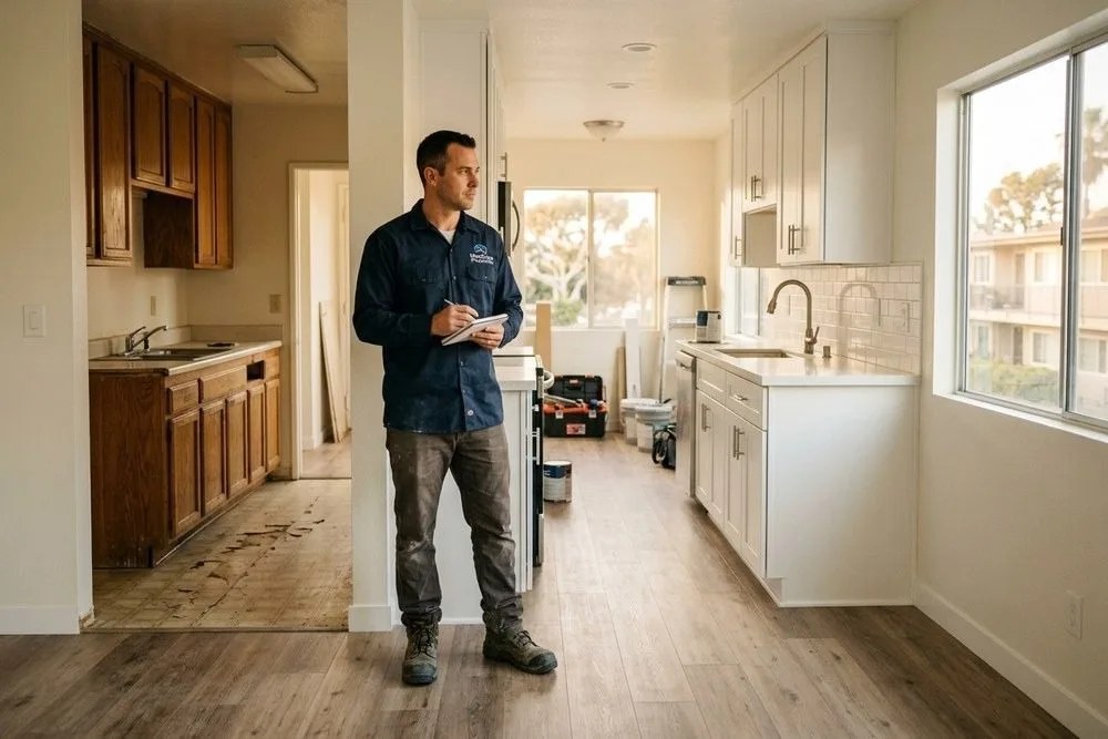 Orange County apartment unit mid-renovation showing before and after conditions