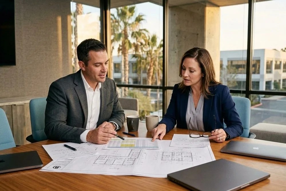 Development team reviewing construction cost estimates and architectural drawings Orange County