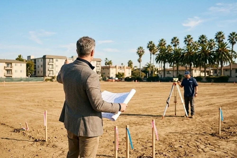 Vacant development land parcel with survey stakes in Orange County California
