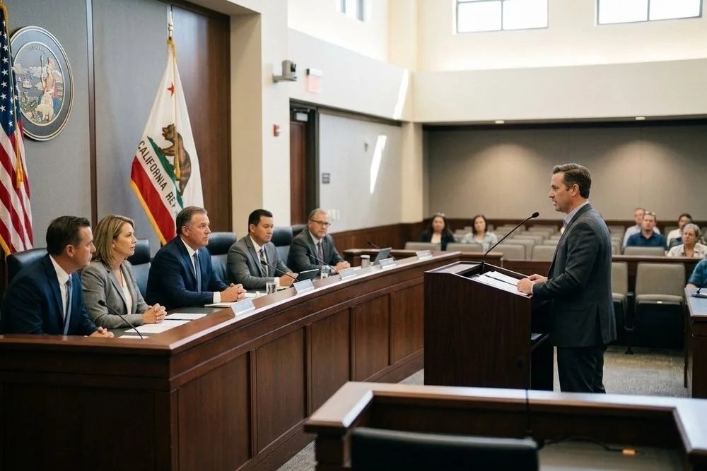 California city planning commission zoning hearing developer presenting multifamily project