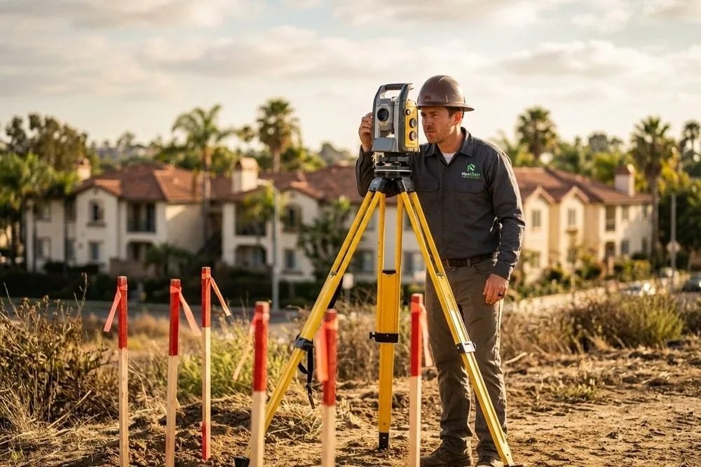 Land surveyor measuring vacant development parcel with survey stakes Orange County California