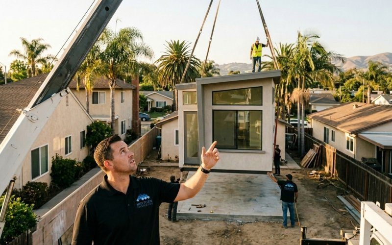 Modern modular ADU being crane-lifted onto Orange County residential property with palm trees and contractor crew supervising installation