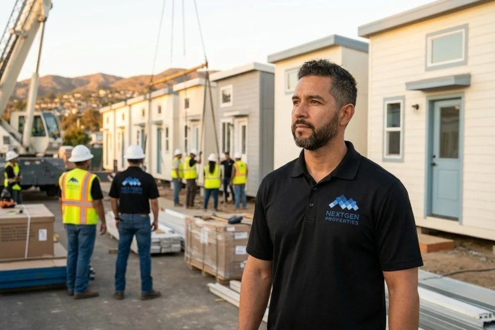 Row of identical modular ADUs being installed across Orange County multifamily property with coordinated site preparation