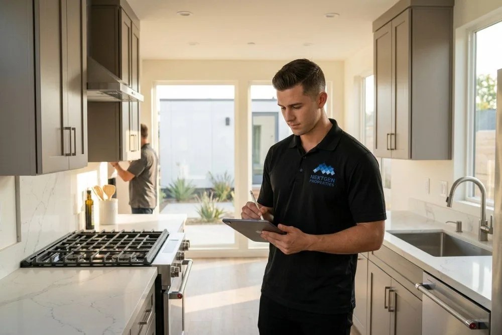 NextGen Properties inspector examining high-quality interior finishes and construction details in completed modular ADU
