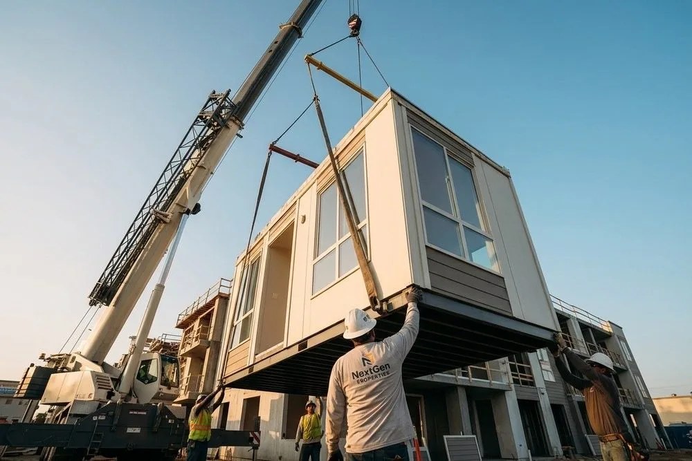 Crane lifting finished modular apartment unit onto building structure California construction site