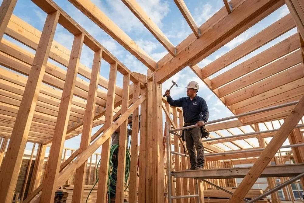 Traditional stick-built wood frame multifamily construction framing California blue sky