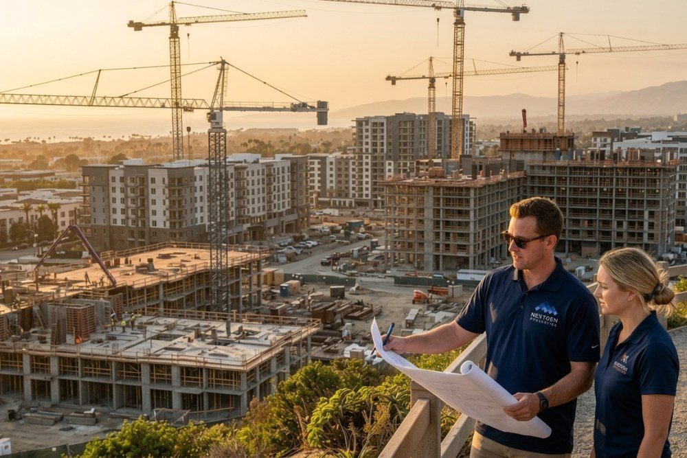Multiple construction cranes on Orange County California skyline multifamily development 2025