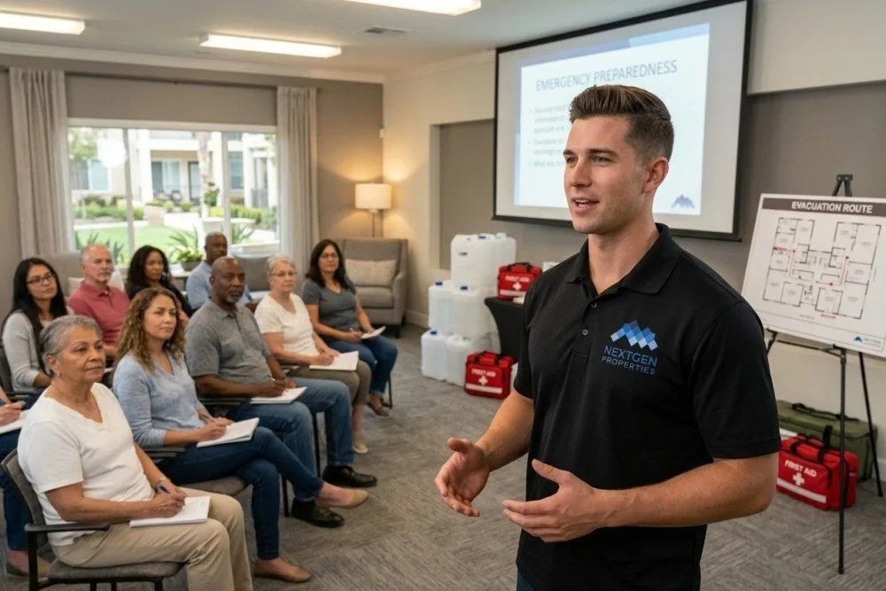 Orange County property management team conducting emergency preparedness training for multifamily residents