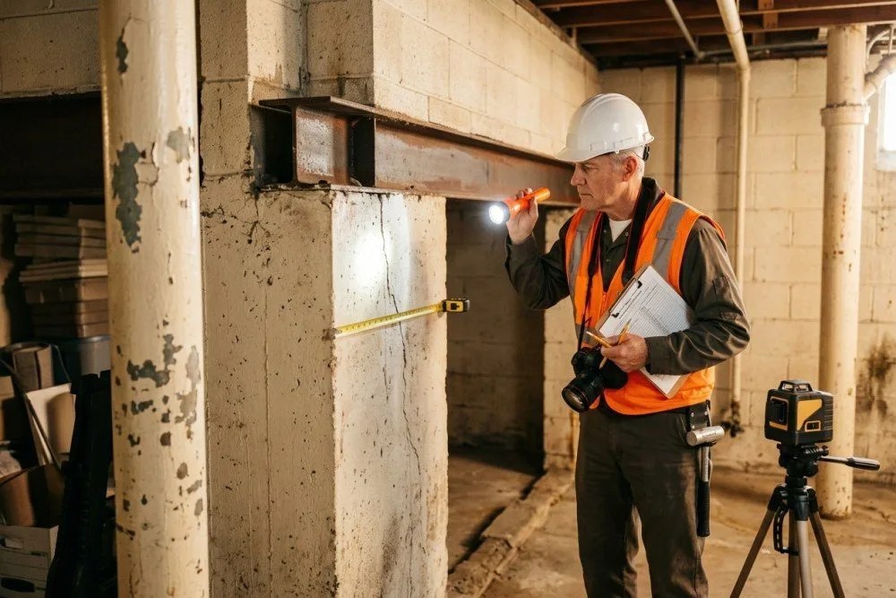 Structural engineer conducting seismic safety inspection of older Orange County multifamily building