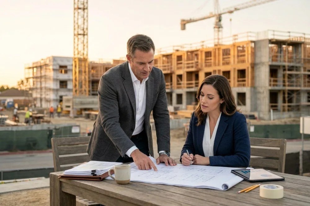 Developer team reviewing construction financing documents at Orange County multifamily development site
