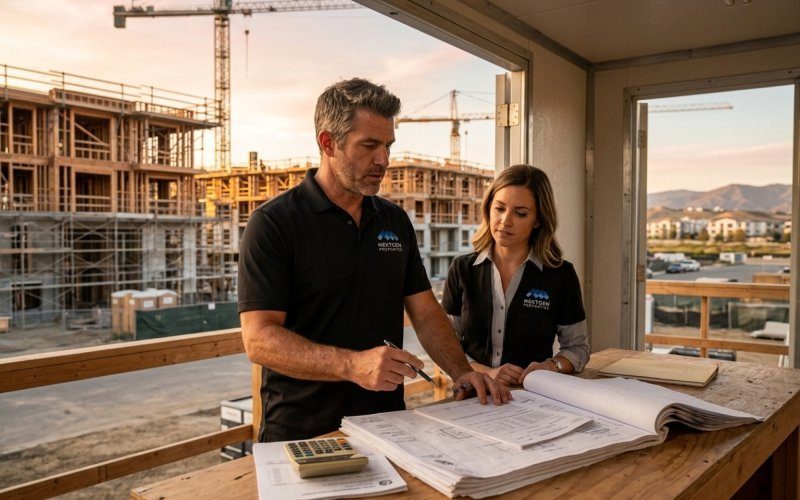 Modern multifamily construction site in Orange County with tax assessment documents and calculator on construction trailer desk