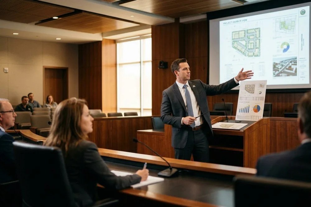 Developer presenting workforce housing project plans to city planning commission