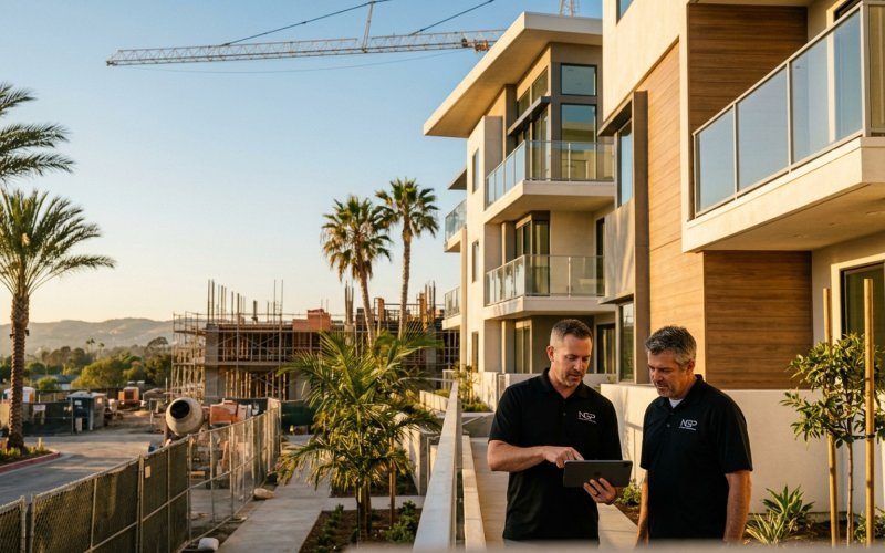 Modern multifamily housing complex under construction in Orange County with construction cranes against blue sky