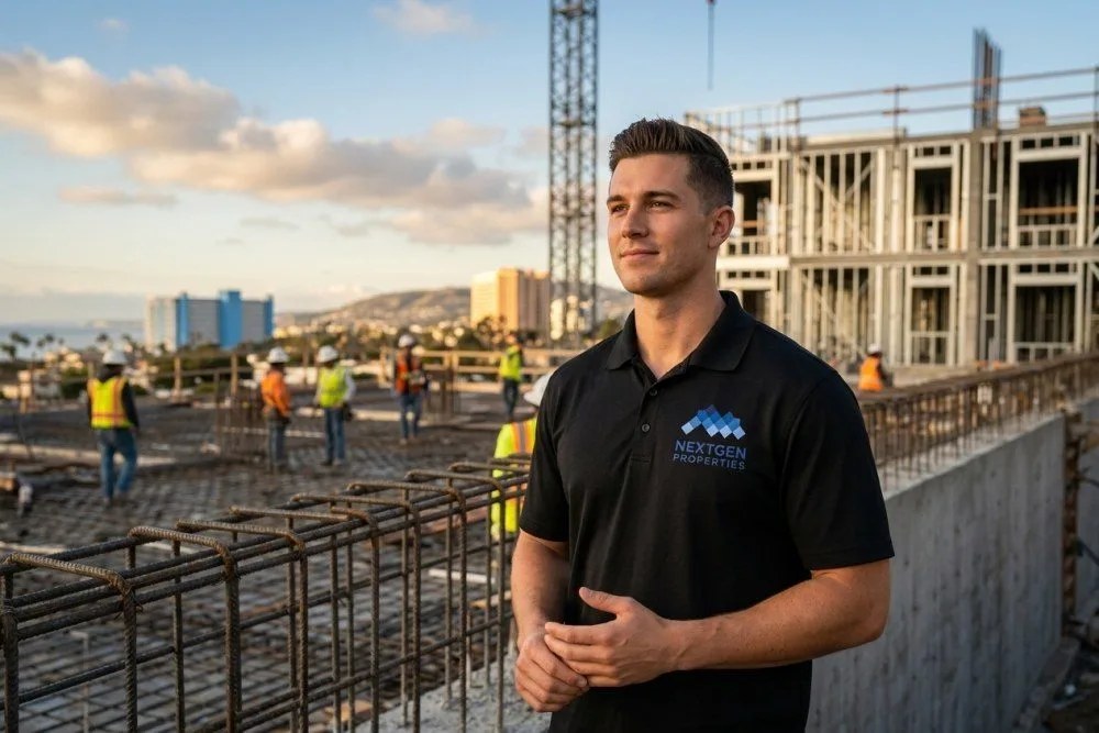 Construction workers building multifamily housing with OC skyline in background