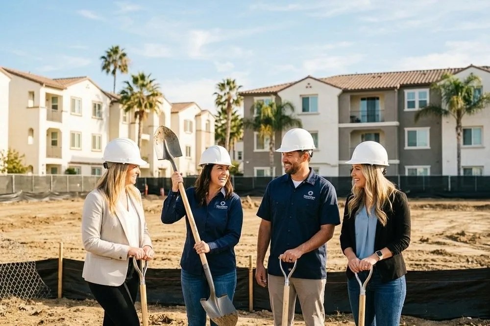 Multifamily development groundbreaking ceremony California team with hard hats and shovels
