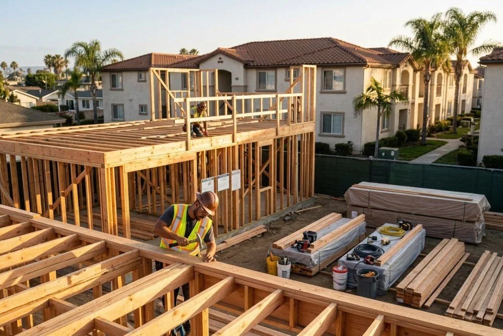 ADU construction site at Orange County multifamily property showing framing stage