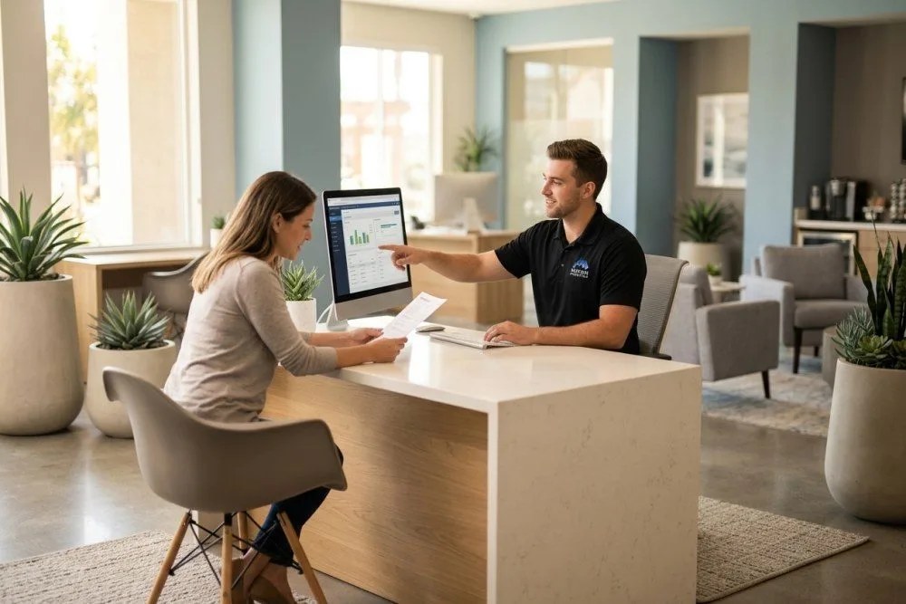 Modern apartment complex leasing office with NextGen Properties staff helping residents, showing professional property management operations