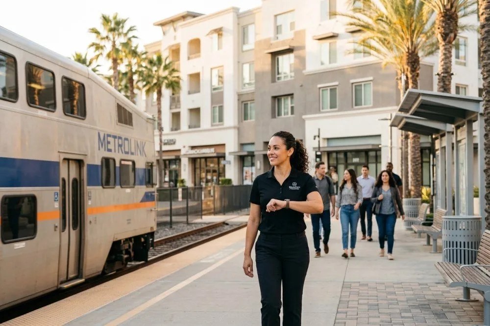 Metrolink train at Santa Ana Regional Transportation Center with modern mixed-use development in background