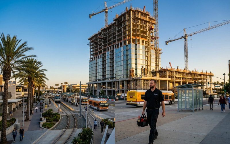 Modern high-rise apartment building under construction next to Orange County transit station with OCTA bus and light rail, construction cranes against blue sky, warm afternoon lighting