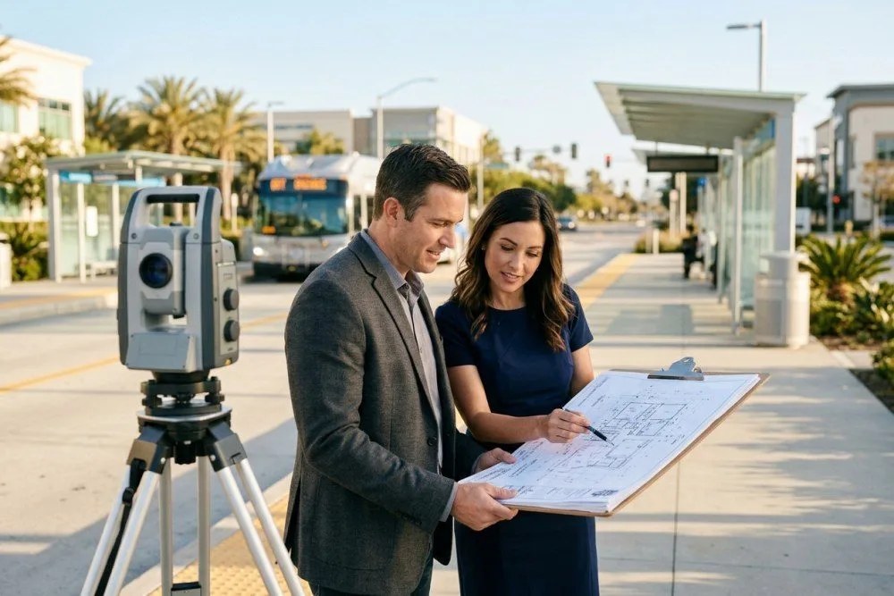 Development team members reviewing site plans near Orange County bus rapid transit stop, measuring proximity zones with surveying equipment