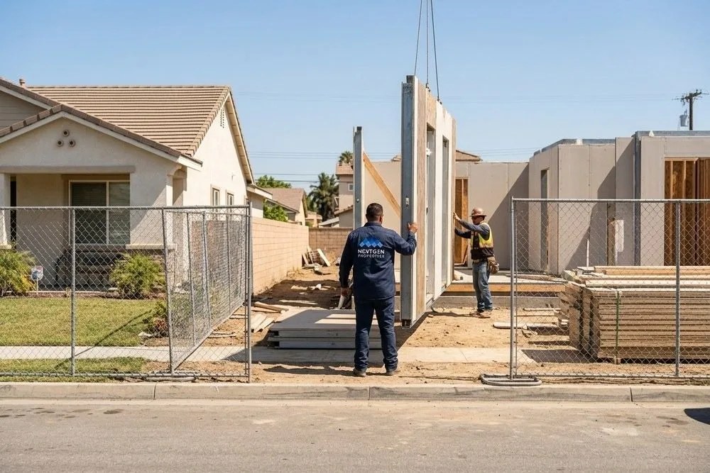 Modular duplex construction underway in Anaheim California on a lot approved under SB 9 in 2026