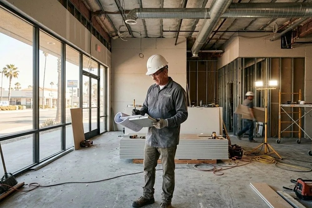Commercial tenant improvement buildout interior construction California contractor reviewing plans