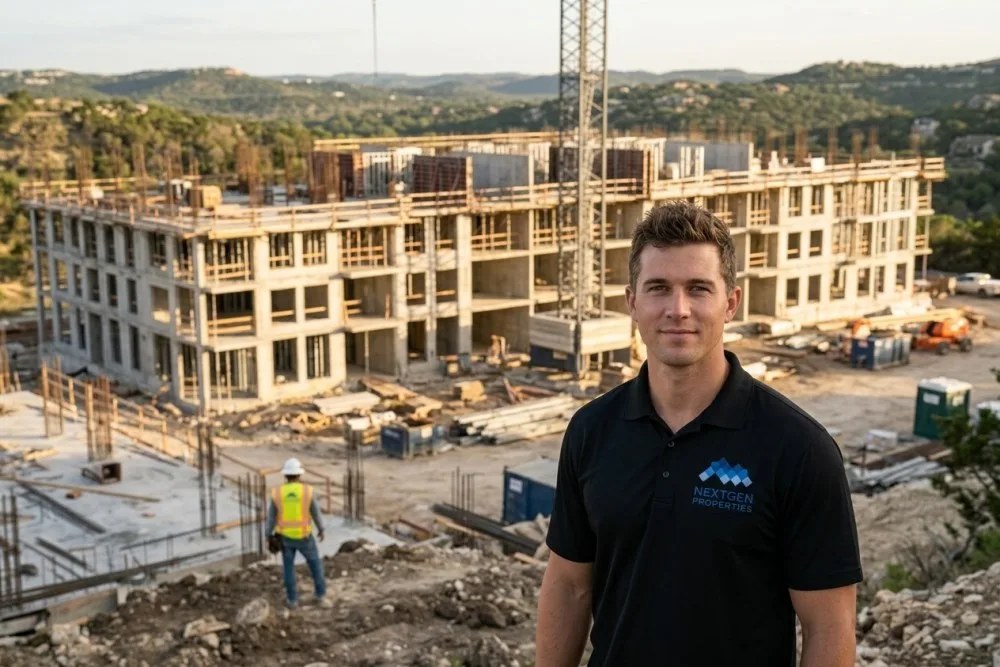 Austin multifamily construction site with tower crane and concrete framework