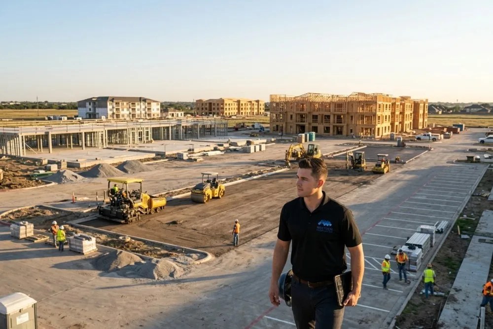 Dallas suburban multifamily development under construction with parking areas