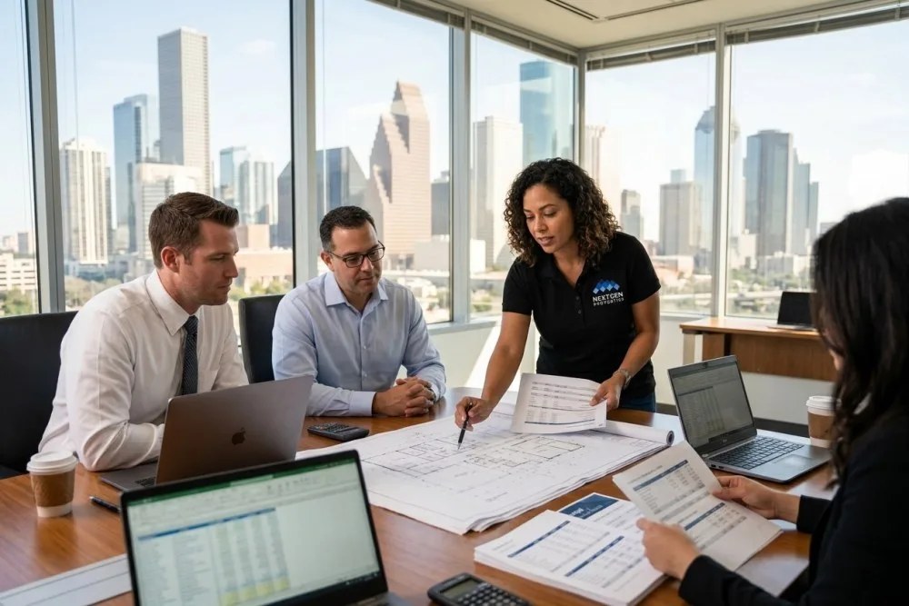 Houston development financing meeting with construction plans and calculators