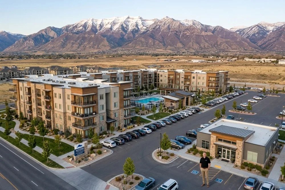 Aerial view of modern apartment community in Utah valley with mountain backdrop