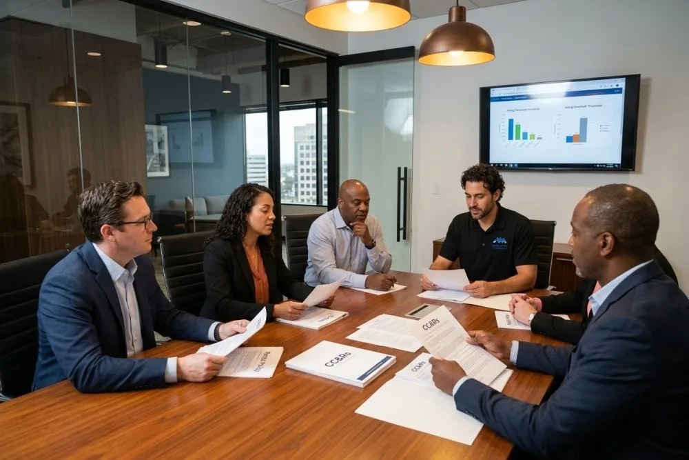 HOA board members reviewing rental policy documents in modern conference room