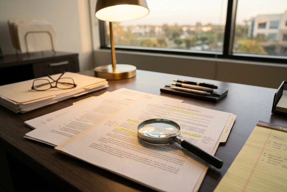 Legal documents and CC&Rs spread on desk with magnifying glass highlighting rental restrictions