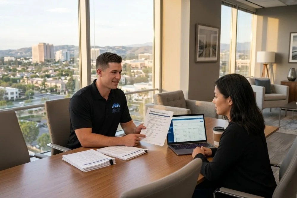 NextGen Properties property manager discussing HOA compliance documents with client in professional office setting