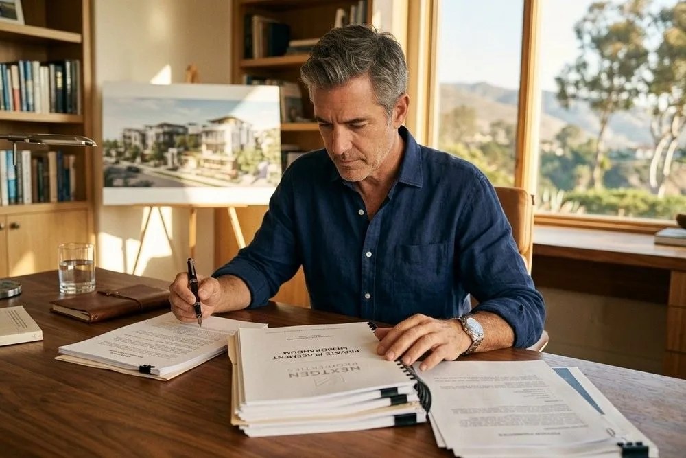 Investor reviewing real estate syndication private placement memorandum documents
