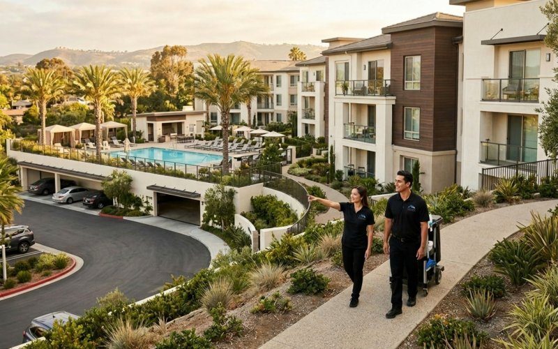 Modern Orange County apartment complex with detailed architectural elements and landscaping bathed in golden California afternoon light