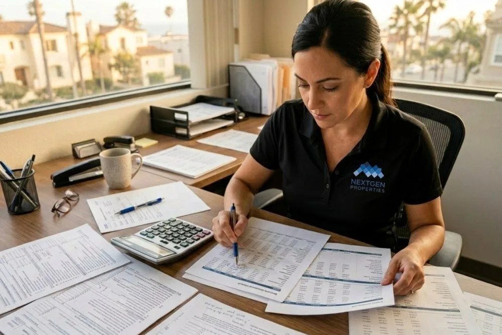 Detailed financial analysis documents showing NOL calculations and tax projections spread across desk