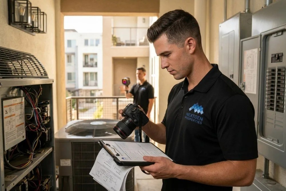 Professional property inspector documenting building components for cost segregation study with detailed notes and camera