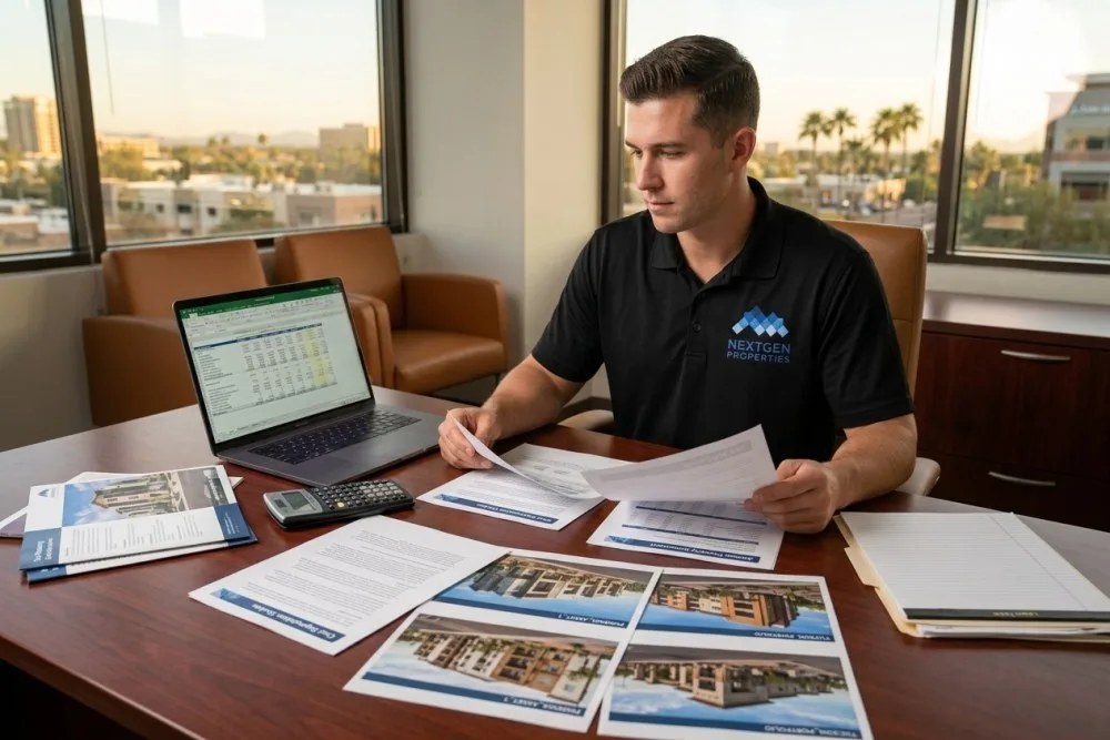 Tax planning documents and calculations spread across a desk with Arizona property materials