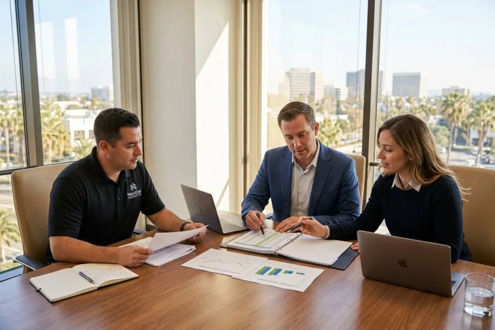 NextGen Properties manager meeting with lender representatives in modern Orange County office