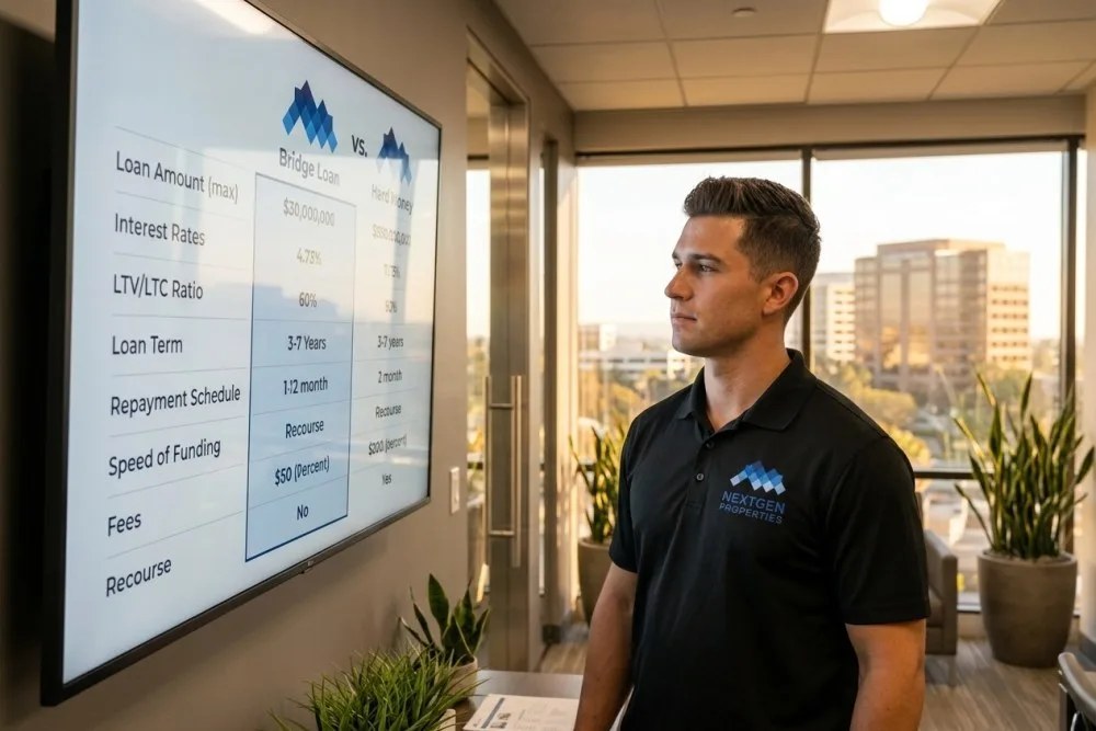 Comparison chart showing bridge loan vs hard money terms for OC properties