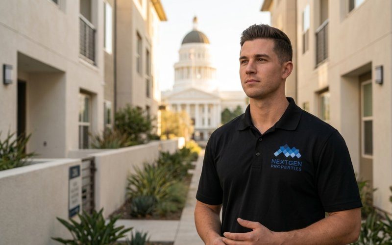 Modern Orange County multifamily property with California state capitol building in background, representing tax legislation impact