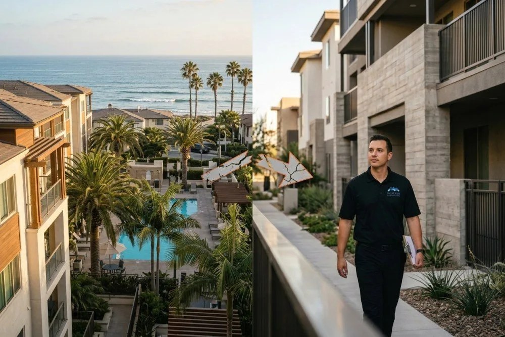 Split screen showing Orange County luxury multifamily property and out-of-state apartment complex with broken exchange arrow