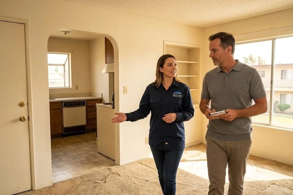 NextGen Properties leasing agent and investor touring below-market rent apartment unit Orange County